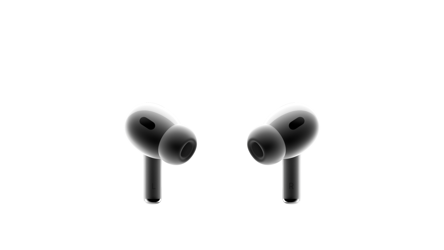 Birbirine bakan iki beyaz AirPods Pro kulaklığının görseli. Görselde, kompakt kulaklıklara silikon kulaklık uçları takılı ve ikisinde de siyah ağ görünüyor.