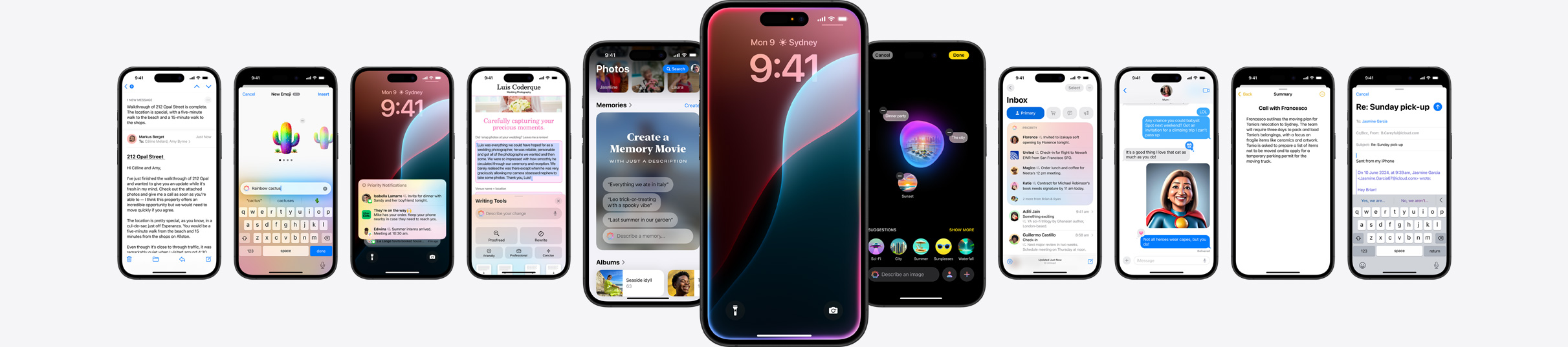 Static image of multiple iPhones showing Apple Intelligence features.