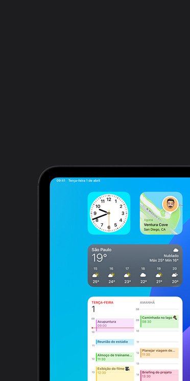 Recurso de VoiceOver na tela do iPad Pro mostrando o widget do app Tempo com saída de áudio “Tempo, Oakland, 68 graus”.
