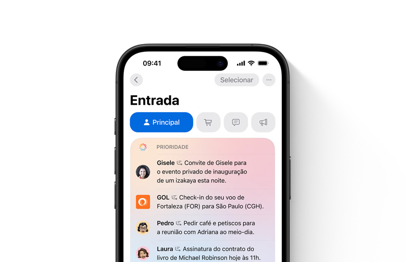 O iPhone mostra a caixa de entrada no app Mail com as mensagens importantes na parte superior, destacadas em uma cor diferente.