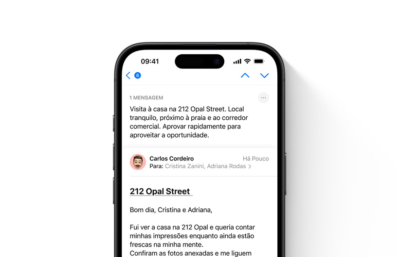 Imagem de um e-mail no app Mail com um resumo na parte superior.