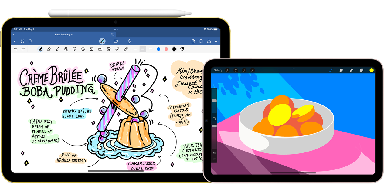 On left, iPad 10th generation, landscape orientation, displaying a graphic with notes and a drawing with Apple Pencil USB-C attached at top. On right, iPad mini, landscape orientation showing a colourful illustration made with ProCreate.