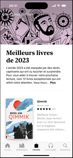 Écran d’un iPhone affichant la section de recommandations d’autrices et auteurs noirs dans l’app Livres, avec une introduction au sujet des auteurs et autrices noirs publiés. Juste en dessous se trouve la section des nouveautés et des livres à venir, où s’affichent deux livres audio