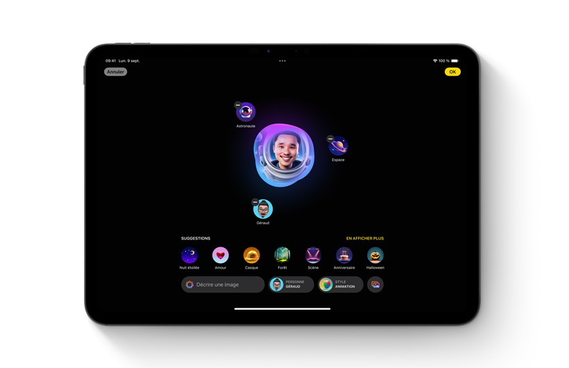 L’app Image Playground sur un iPad. Une image personnalisée s’affiche au centre. Elle est entourée des thèmes et des mots clés qui ont servi à la créer.