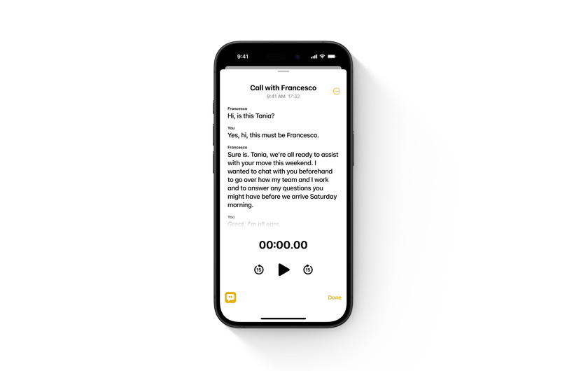 Un iPhone montrant dans l’app Notes le résumé d’un appel, qui est basé sur une transcription audio en direct.