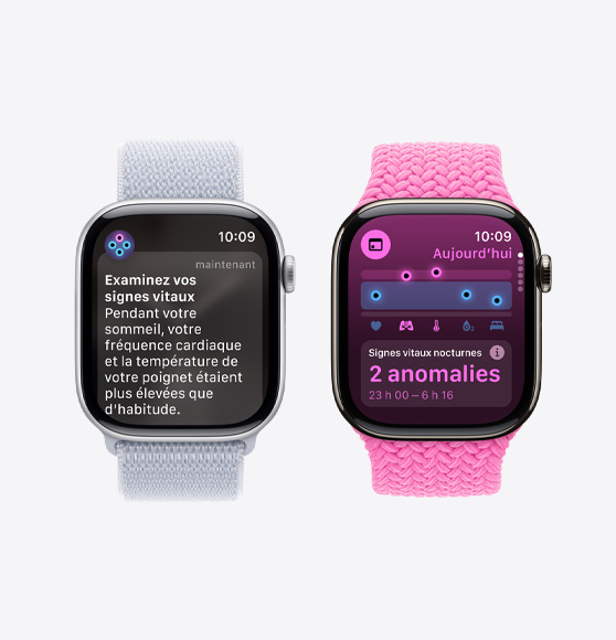 Une Apple Watch Series 10 affiche la notification Examinez vos signes vitaux, et une autre affiche l’app Signes vitaux, qui signale deux anomalies pour les signes vitaux nocturnes.