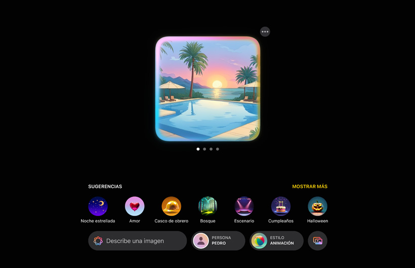 Interfaz de usuario de Image Playground que muestra una imagen de una piscina en un lugar tropical con el atardecer de fondo y sugerencias de más elementos para agregar a la imagen