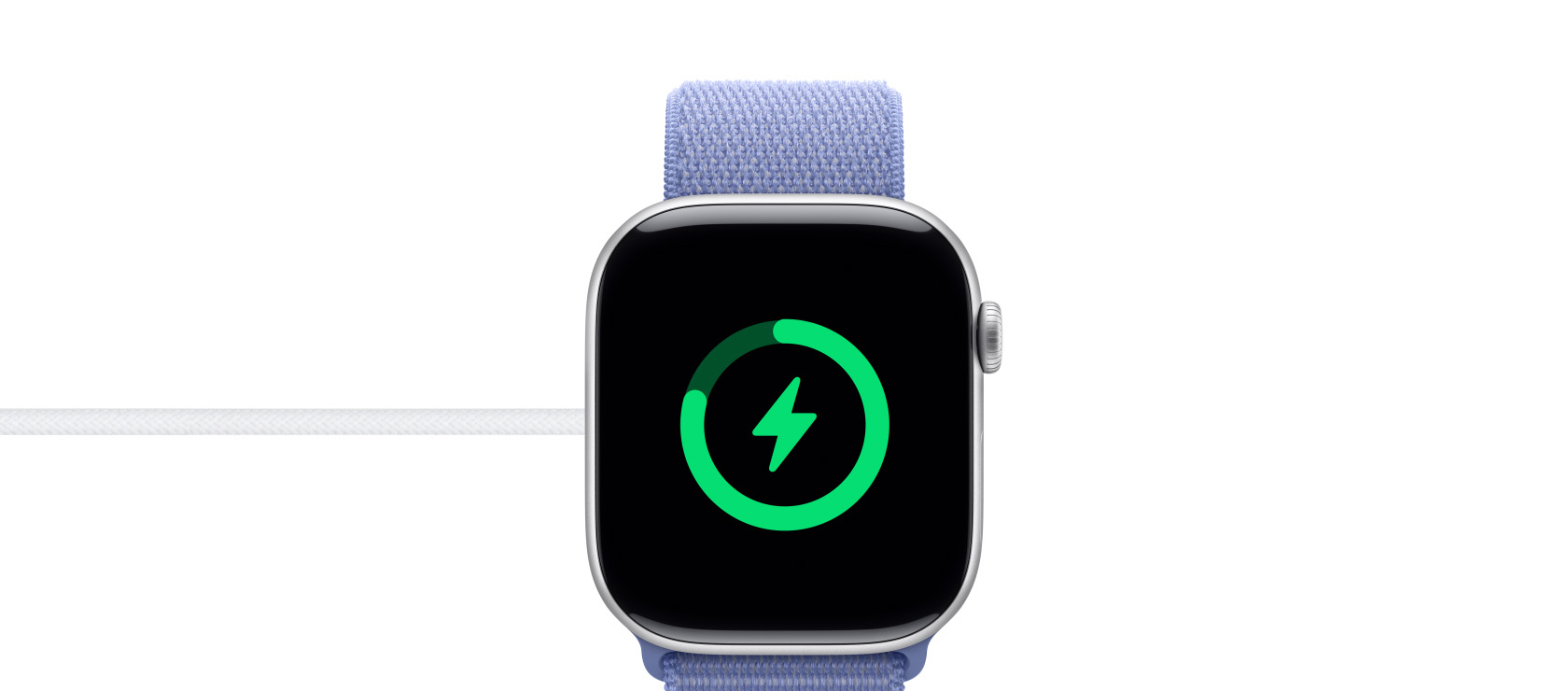 El estado de carga de un Apple Watch Series 10 en un cargador magnético.
