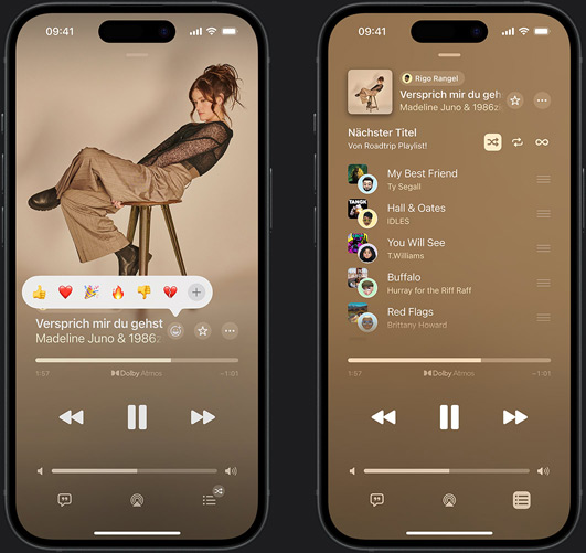 Das iPhone auf der linken Seite zeigt „Don't Do Me Good“ von Madi Diaz und Kacey Musgraves mit einer Reaktion Emoji Eingabeaufforderung mit den Optionen „Daumen hoch“, „Herz“, „Feiern“, „Daumen runter“ oder „Weitere Reaktion hinzufügen“. Das iPhone auf der rechten Seite zeigt eine gemeinsame Playlist mit dem Namen „Roadtrip“ mit mehreren Songs, die von anderen Mitwirkenden hinzugefügt wurden.