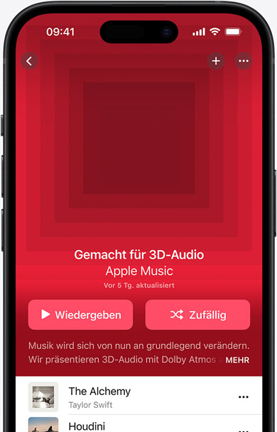 iPhone Display mit Coverbildern der „Gemacht für 3D Audio“ Playlist in der Apple Music App