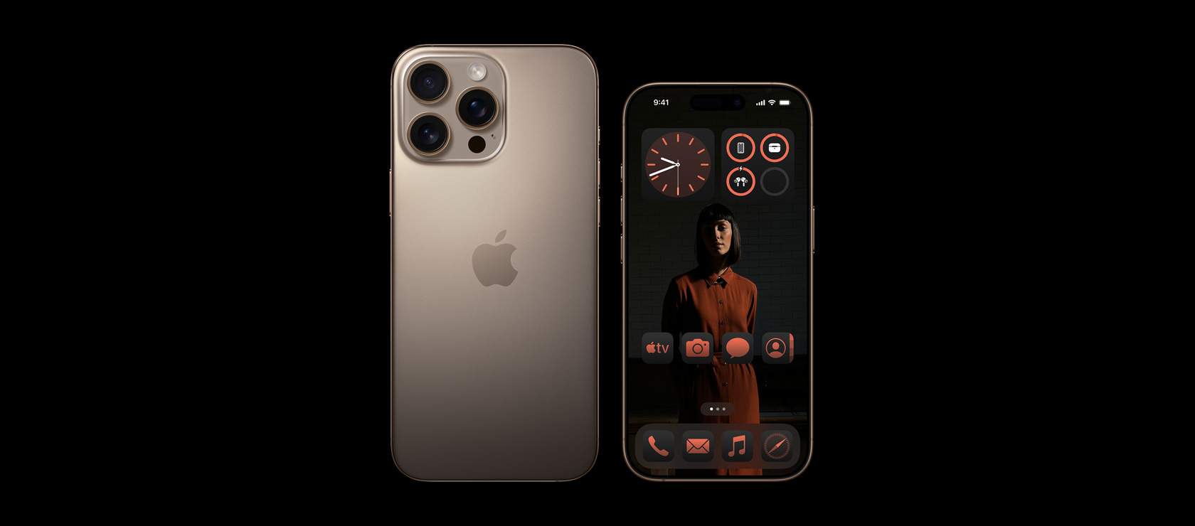 Back view of 6.9-inch iPhone 16 Pro Max and front view of 6.3-inch iPhone 16 Pro in Desert Titanium