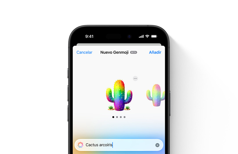 Previsualización de un Genmoji personalizado creado a partir de la instrucción «cactus arcoíris»