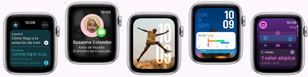 La app Traducir, la prestación Aviso de Llegada, la esfera Fotos, la esfera Modular y la app Constantes Vitales en cinco modelos de Apple Watch SE.