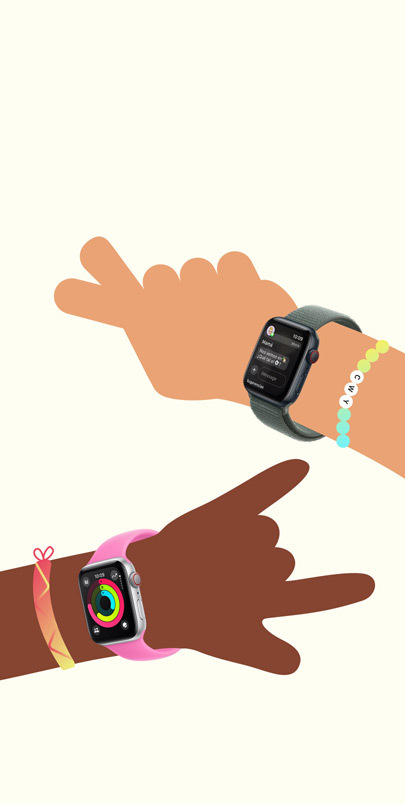 Ilustraciones de las muñecas de un niño y una niña con un Apple Watch SE. Pulsa el botón «+» para obtener más información sobre Apple Watch para tus Peques.