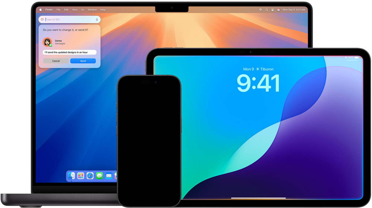 Mac, iPad and iPhone are shown with new Siri features powered by Apple Intelligence