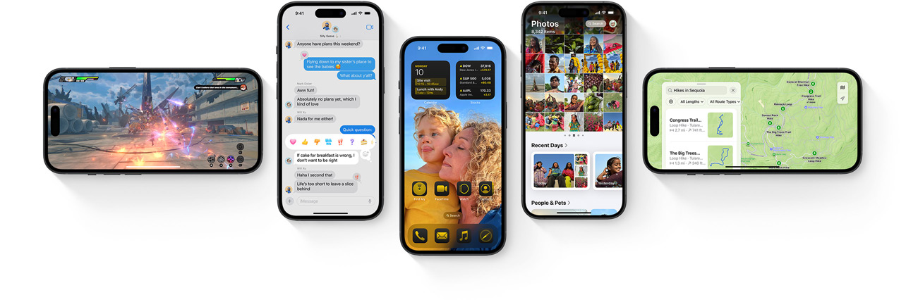 Se muestran varios dispositivos iPhone con las nuevas prestaciones de iOS 18