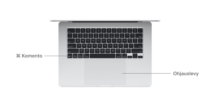 Työpöytänäkymä MacBook Air M4:n komentonäppäimestä ja ohjauslevystä.