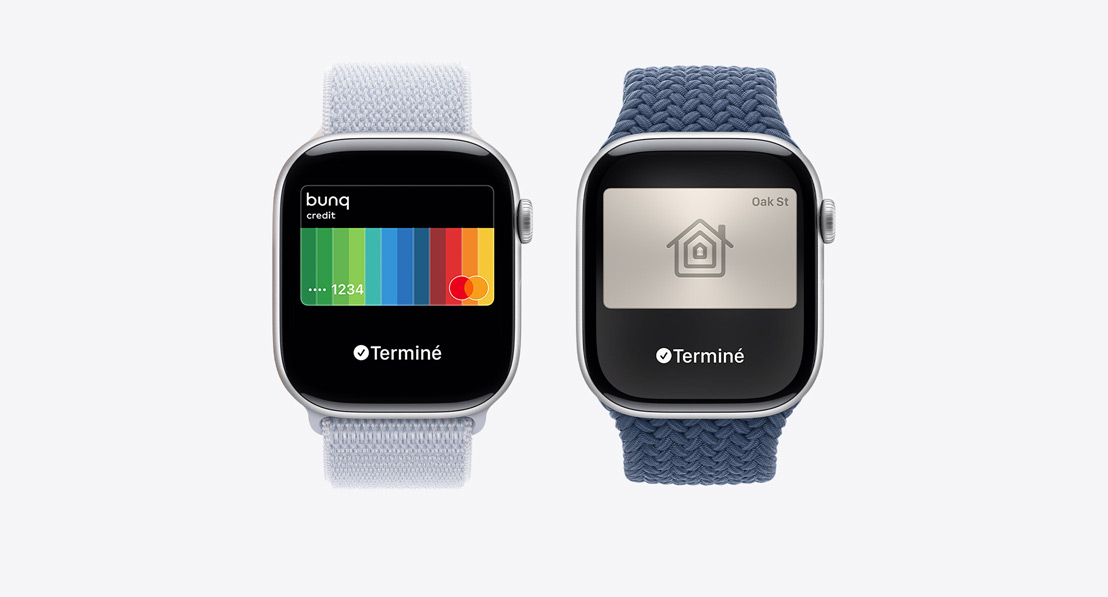 Trois Apple Watch Series 10. La première montre l’Apple Card utilisée avec Apple Pay. La deuxième montre une carte de transport utilisée avec l’app Cartes. La troisième montre une clé de domicile utilisée avec l’app Cartes.