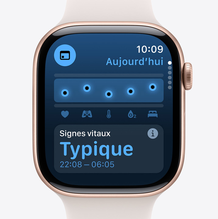 Une vue de l’app Signes vitaux sur l’Apple Watch Series 10 indiquant que les données recueillies pendant la nuit sont typiques.