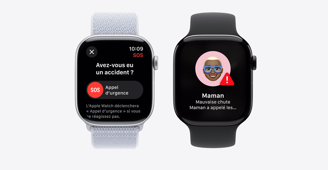 Deux Apple Watch Series 10. La première affiche une notification de détection des accidents avec le bouton Appel d’urgence. La deuxième affiche une notification indiquant que « Maman » a fait une mauvaise chute et a appelé les secours.