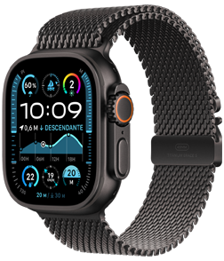 Apple Watch Ultra 2 with a black titanium case and Black Trail Loop band.