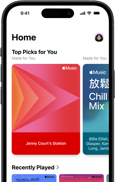 iPhone 上的 Apple Music「首頁」分頁畫面，「專屬精選推薦」卡片顯示 Jenny Court 的個人化電台和歌單