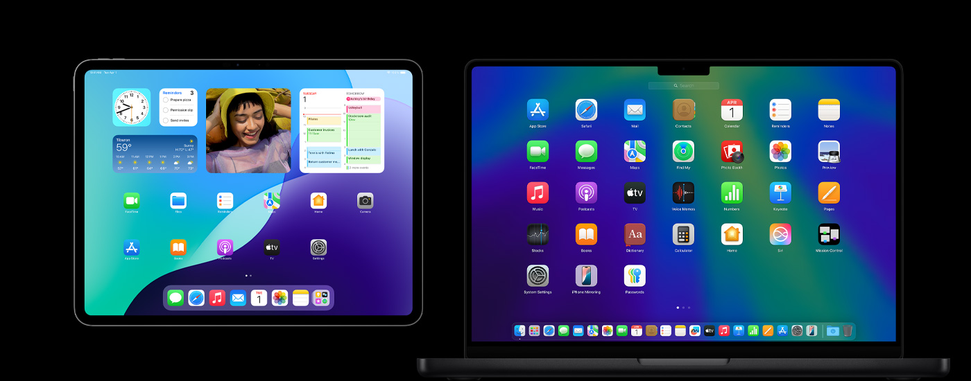 iPad 和 Mac 上顯示多個 app 圖像，iPad 上展示日曆、天氣和相片等各種小工具。