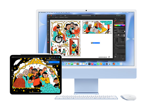 iPad 和 iMac 顯示器上展示一幅搶眼有趣的插圖，插圖在 iMac 上的創意應用程式內展示。