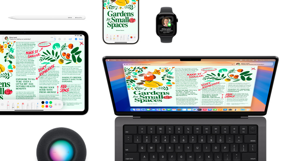 包括 iPad、iPhone、Watch 和 Mac 在內的一系列裝置，展示相同的內容。