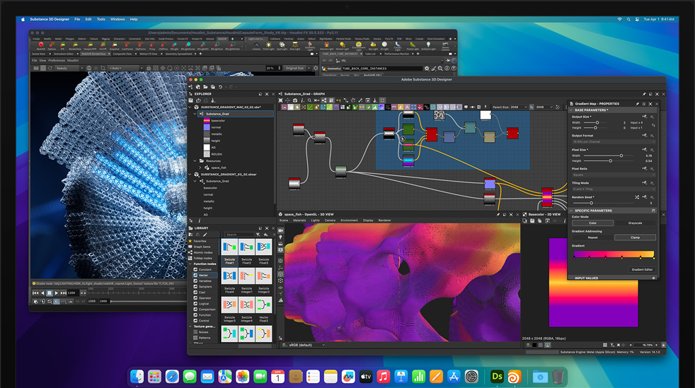 Zaslon upotrebe aplikacija Adobe Substance 3D Designer, Houdini i Redshift za uređivanje na M4 Max Mac Studiju