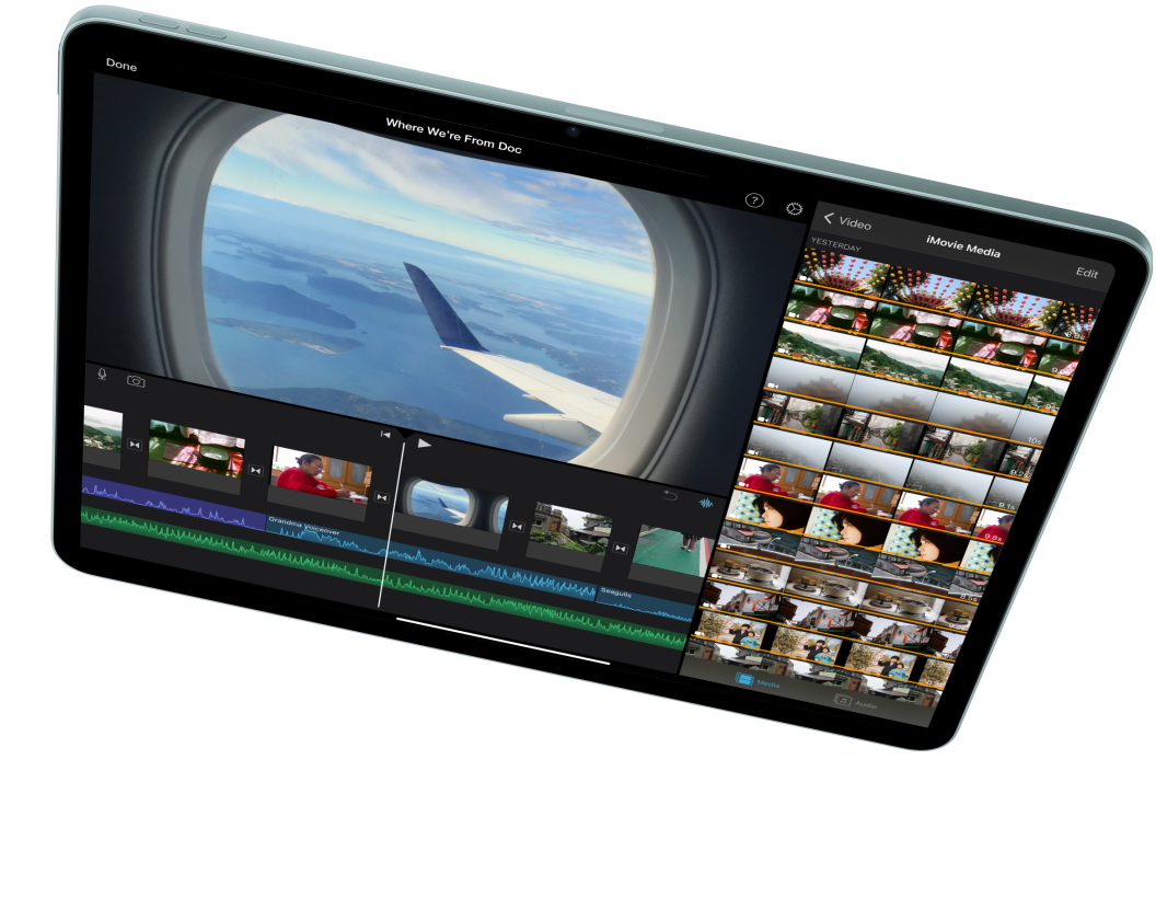 iPad Air dalam orientasi lanskap, menampilkan pengeditan video di iMovie