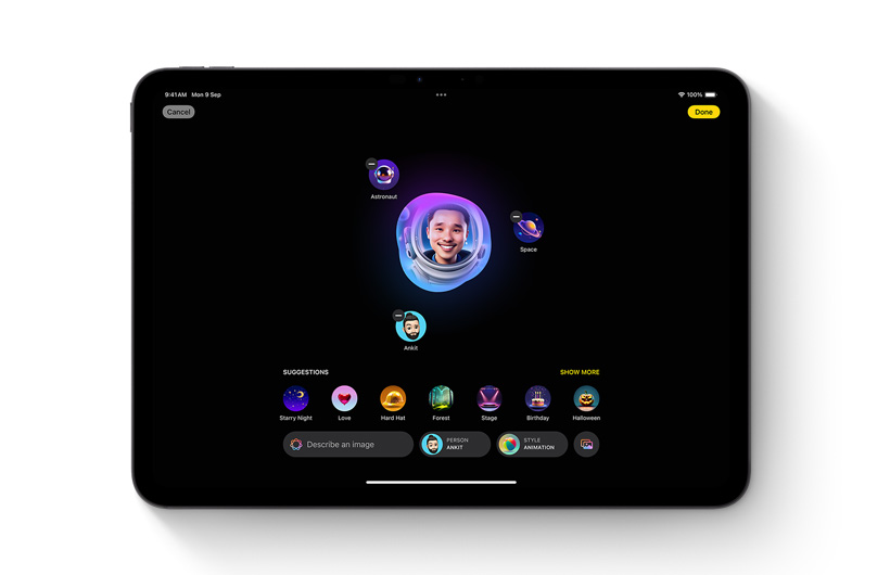 Image Playground app is shown on iPad. A custom image in the centre is surrounded by different ideas and keywords used to make it.
