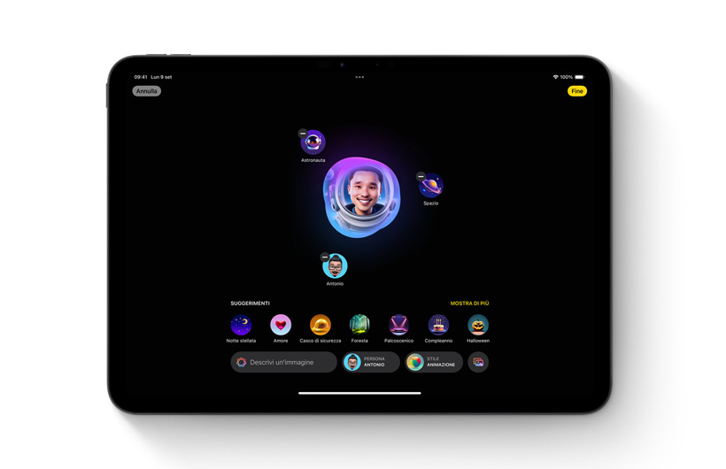 Un iPad con l’app Image Playground. Al centro dello schermo c’è un’immagine personalizzata circondata dalle varie idee e parole chiave usate per crearla.
