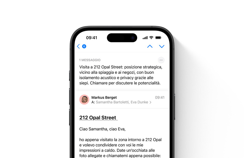 Un’email nell’app Mail con un riepilogo subito sopra il messaggio