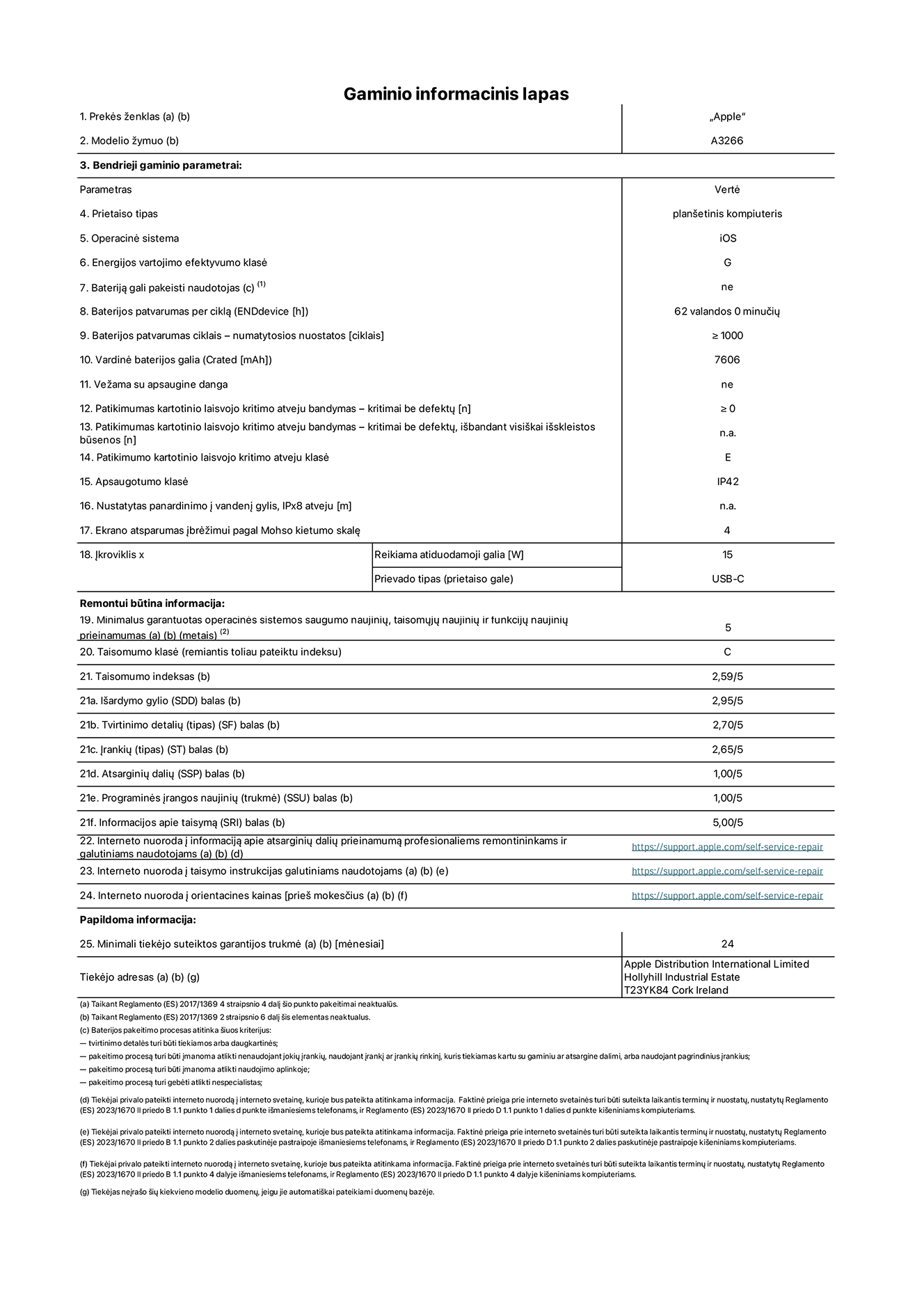 Gaminio informacinis lapas, 11 colių „iPad Air Wi-Fi“. Modelis A3266. Pateikė „Apple UK Ltd“, 100 New Bridge Street, Londonas EC4V 6JA. Prietaiso tipas: planšetinis kompiuteris. Operacinė sistema: „iOS“. Standartinio dinaminio diapazono energijos vartojimo efektyvumo klasė: G. Baterijos patvarumas: 62 valandos. Baterijos patvarumas ciklais: ≥ 1 000. Vardinė baterijos galia: 7 606 mAh. Patikimumo testas kartotinio laisvojo kritimo atveju – kritimai be defektų: ≥ 0. Patikimumo kartotinio laisvojo kritimo atveju klasė: E. Apsaugotumo klasė: IP42. Ekrano atsparumas įbrėžimui pagal Mohso kietumo skalę: 4. Įkroviklio reikiama atiduodamoji galia: 15 W. Įkroviklio prievado tipas: USB-C. Minimalus garantuotas operacinės sistemos saugumo naujinių, taisomųjų naujinių ir funkcijų naujinių prieinamumas: 5 metai. Taisomumo klasė: C. Taisomumo indeksas: 2,59/5. Išardymo gylio balas: 2,95/5. Tvirtinimo detalių (tipo) balas: 2,70/5. Įrankių balas: 2,65/5. Atsarginių dalių balas: 1,00/5. Programinės įrangos naujinių balas: 1,00/5. Informacijos apie taisymą balas: 5,00/5. Interneto nuoroda į informaciją apie atsarginių dalių prieinamumą profesionaliems remontininkams ir galutiniams naudotojams: https://support.apple.com/self-service-repair. Interneto nuoroda į taisymo instrukcijas galutiniams naudotojams: https://support.apple.com/self-service-repair. Nuoroda į orientacines kainas prieš mokesčius: https://support.apple.com/self-service-repair. Siūloma 24 mėnesių bendroji garantija.