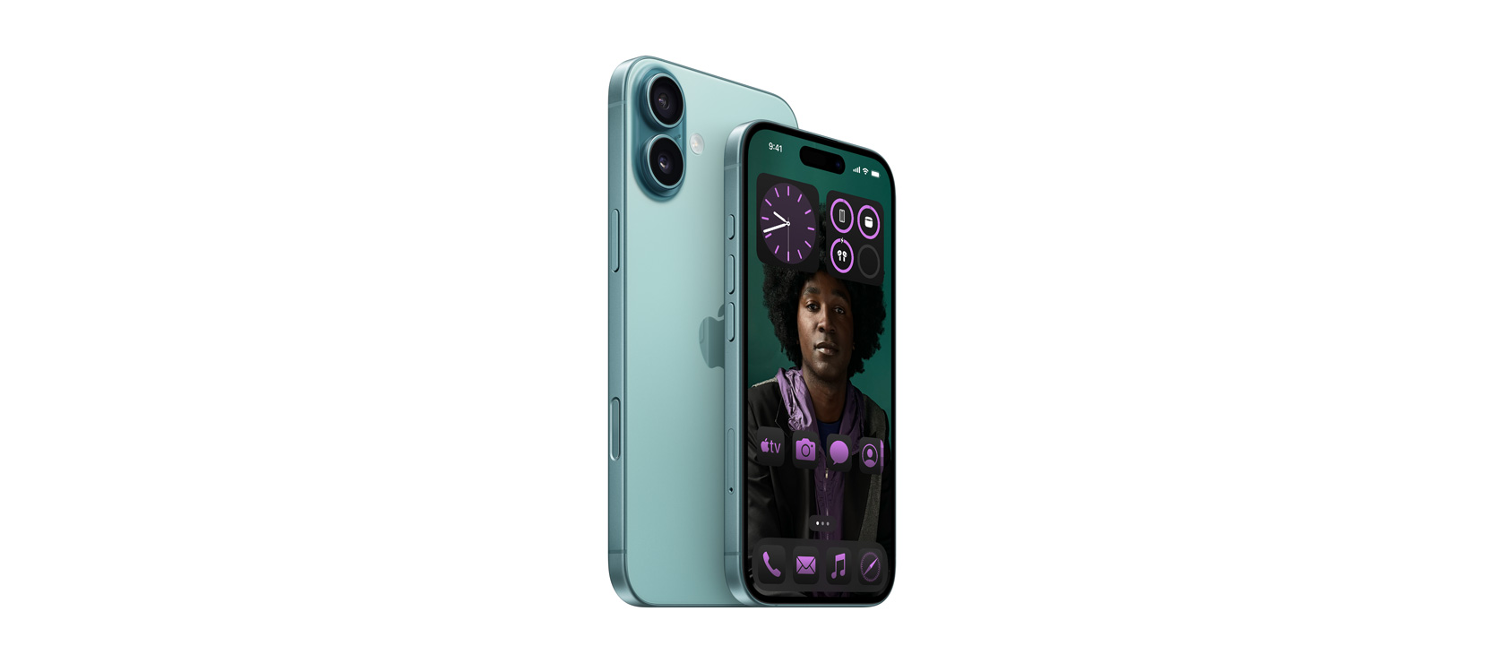 6,7 collu iPhone 16 Plus un 6,1 collas iPhone 16 zilganzaļā krāsā