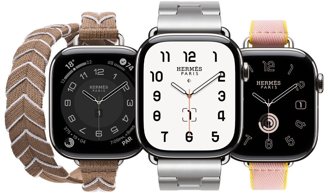 ثلاث ساعات Apple Watch Hermès Series 10 جنباً إلى جنب مع أحزمة: Bridon Attelage Double Tour، وGrand H، وTwill Jump Single Tour