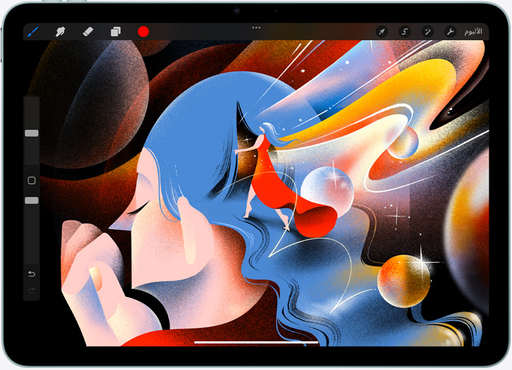 iPad Air بالوضع الأفقي، يُعرض على شاشته رسماً في تطبيق Procreate‏