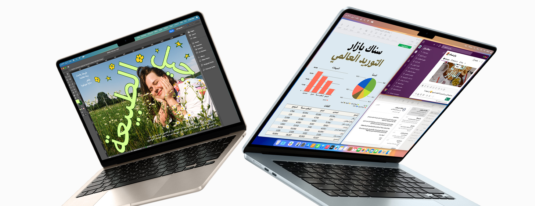 جهاز MacBook Air مقاس 13 إنش وجهاز MacBook Air مقاس 15 إنش مفتوحان جزئياً، وتعرض شاشة الجهاز الأول مشروع تصميم قيد التنفيذ، في حين أن شاشة الجهاز الآخر تعرض مثلاً عن إنجاز مهام متعددة باستخدام الإيميل وجداول بيانات
