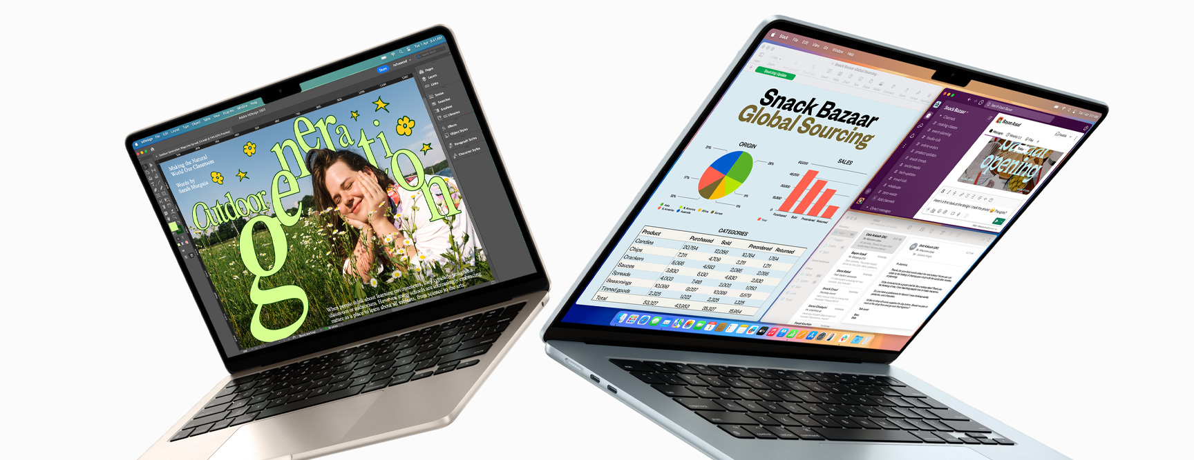 Partially open 13-inch and 15-inch MacBook Air — one screen shows design work in progress, the other shows multitasking across email and spreadsheets