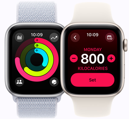 兩部 Apple Watch SE 裝置展示健身記錄畫面，分別是健身記錄圓圈及卡路里目標。