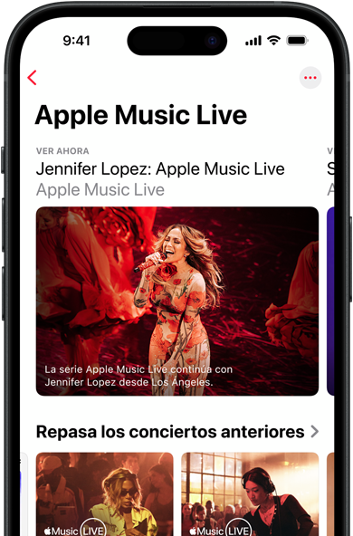 Pantalla de Apple Music Live en un iPhone que muestra Ver Ahora, conciertos anteriores y contenido exclusivo como los 100 mejores álbumes de Apple Music