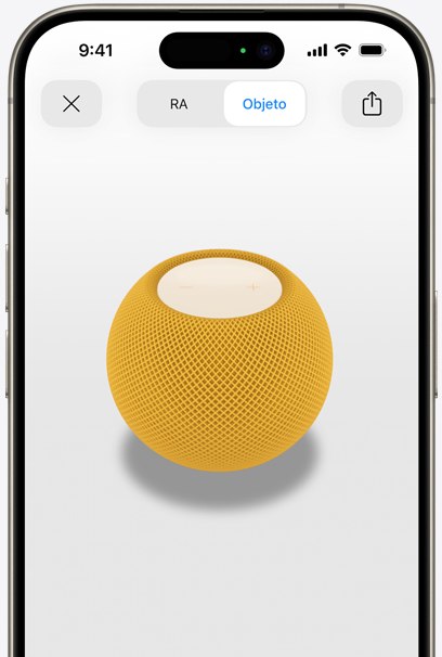 Un HomePod mini amarillo en la pantalla de un iPhone con realidad aumentada.
