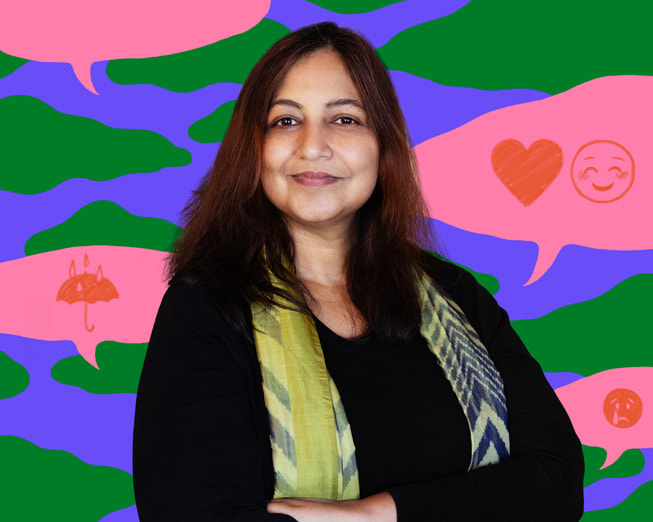 A portrait of Wysa founder and CEO Jo Aggarwal against a colourful illustrated background.