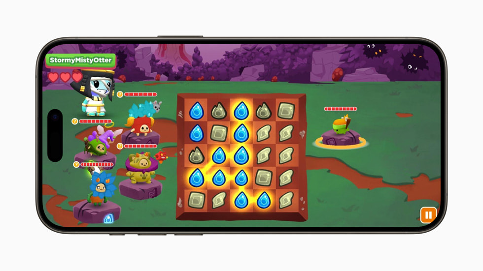 Et spill med ulike rollefigurer og et rutenett vises i Boddle på iPhone 15 Pro.