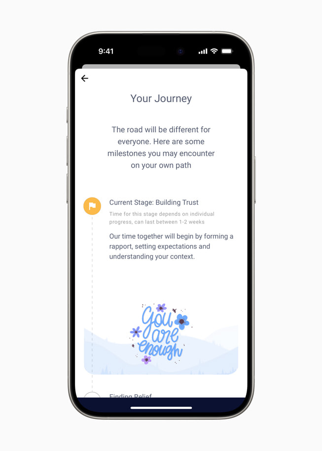 En skjerm med overskriften «Your Journey» fra Wysa-appen, vist på en iPhone 15 Pro.