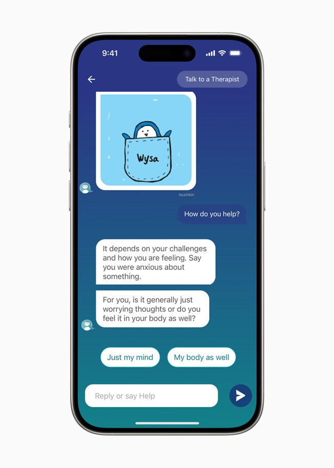 En Wysa-brukers chat med en terapeut, vist på en iPhone 15 Pro.