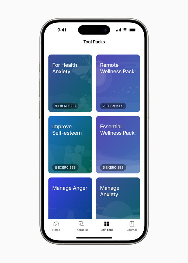 Wysas verktøymeny inkluderer «For Health Anxiety» og «Manage Anger», her vist på en iPhone 15 Pro.