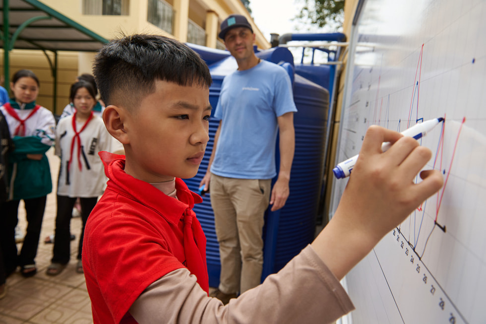 Een leerling schrijft iets op een witbord terwijl een volwassene en een aantal kinderen toekijken.