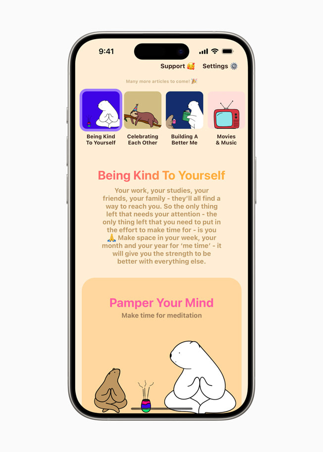 Un artículo sobre ser amable contigo mismo de Bears Gratitude en un iPhone 15 Pro.